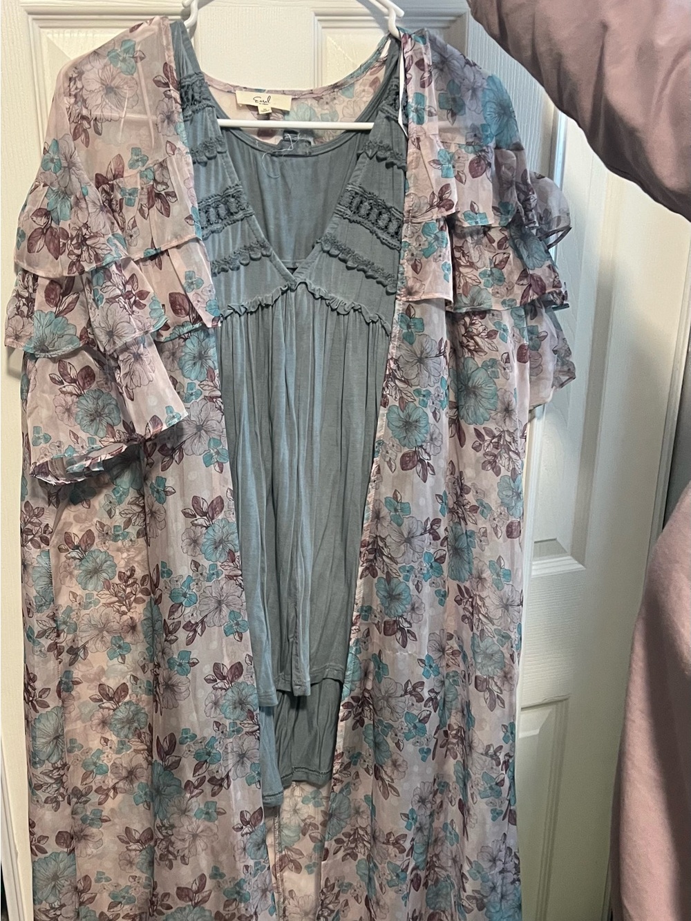 POL Sheer Floral Kimono Duster in Dusty Blue and Mauve